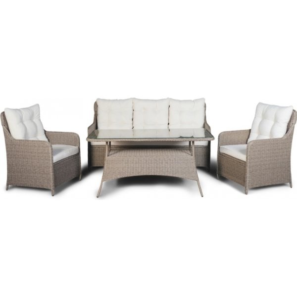 Ljusön ulkoiluryhmä; 3-istuttava sohva pöydällä ja nojatuoleilla - Beige keinorottinki Ljusön ulkoiluryhmä; 3-istuttava sohva pöydällä ja nojatuoleilla - Beige keinorottinki