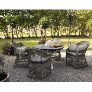 Ulkoiluryhmä Marbella: Scottsdale pyöreä harmaa/valkoinen ruokapöytä Ø112 cm sisältäen 4 Marbella-nojatuolia harmaata synteettis Ulkoiluryhmä Marbella: Scottsdale pyöreä harmaa/valkoinen ruokapöytä Ø112 cm sisältäen 4 Marbella-nojatuolia harmaata synteettis