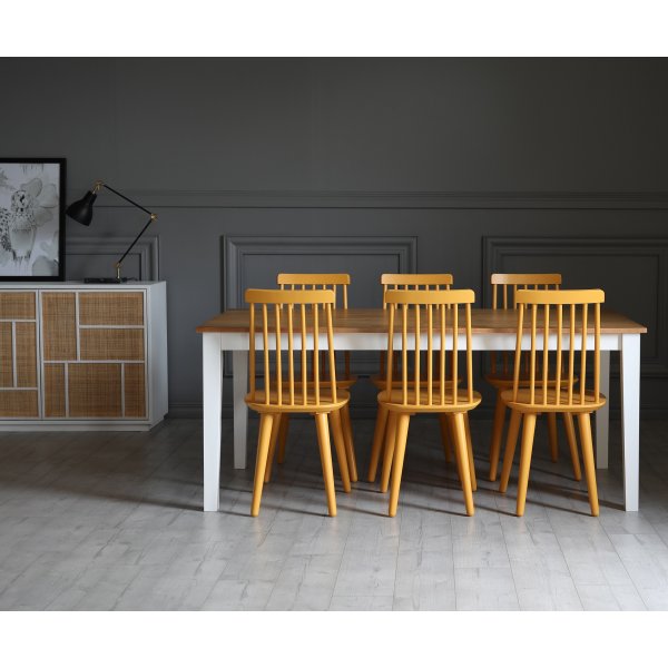 Dalsland-ruokailuryhmä: Ruokapöytä tammi/valkoinen ja 6 keltaista tuolia + 4.00 x Huonekalujen jalat Dalsland-ruokailuryhmä: Ruokapöytä tammi/valkoinen ja 6 keltaista tuolia + 4.00 x Huonekalujen jalat