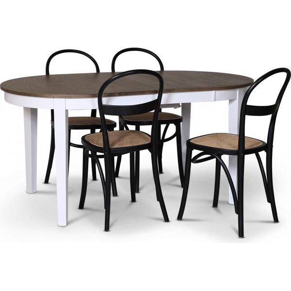 Skagen elintarvikeryhm; ruokapyt 160/210x90 cm - Valkoinen/ruskea ljytty tammi ja 4 Danderyd No.16 tuolia Musta