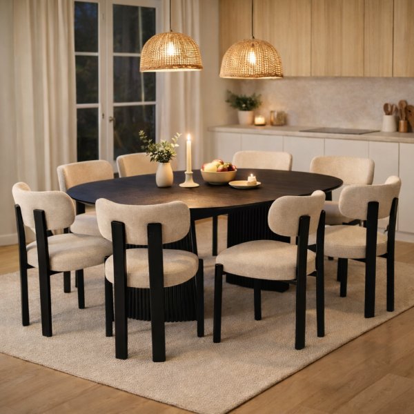 Ruokailuryhm� Crossby, jatkettava p�yt� �120-200cm, mustaksi petsattu tammi, ja 8 Callum-ruokailutuolia beigenv�risess� kankaass