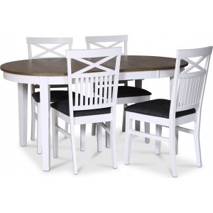 Skagen elintarvikeryhmä; ruokapöytä 160/210x90 cm - Valkoinen/ruskea öljytty tammi ja 4 Skagen-tuolia ristillä, harmaa kangas Skagen elintarvikeryhmä; ruokapöytä 160/210x90 cm - Valkoinen/ruskea öljytty tammi ja 4 Skagen-tuolia ristillä, harmaa kangas