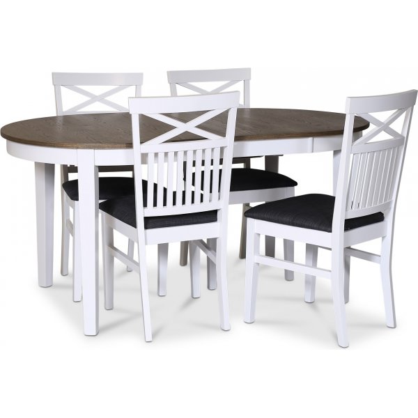Skagen elintarvikeryhm; ruokapyt 160/210x90 cm - Valkoinen/ruskea ljytty tammi ja 4 Skagen-tuolia ristill, harmaa kangas