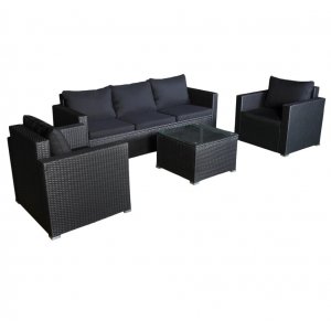 Yngsj ulkoilu ryhm; 3-istuttava sohva pydll ja 2 nojatuolilla - Musta synteettinen rottinki