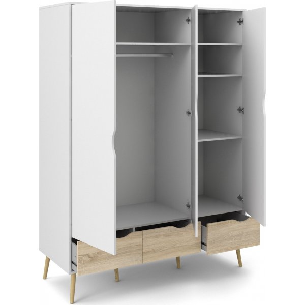 Oslon vaatekaappi 3 ovella - Valkoinen/tammi