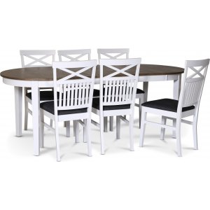 Skagen elintarvikeryhmä; ruokapöytä 160/210x90 cm - Valkoinen/ruskea öljytty tammi, jossa 6 Skagen-tuolia ristillä selkänojalla Skagen elintarvikeryhmä; ruokapöytä 160/210x90 cm - Valkoinen/ruskea öljytty tammi, jossa 6 Skagen-tuolia ristillä selkänojalla