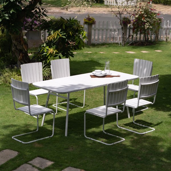 Holmö-ruokailuryhmä; pöytä 180x80 cm ja 6 tuolia - valkoinen Holmö-ruokailuryhmä; pöytä 180x80 cm ja 6 tuolia - valkoinen