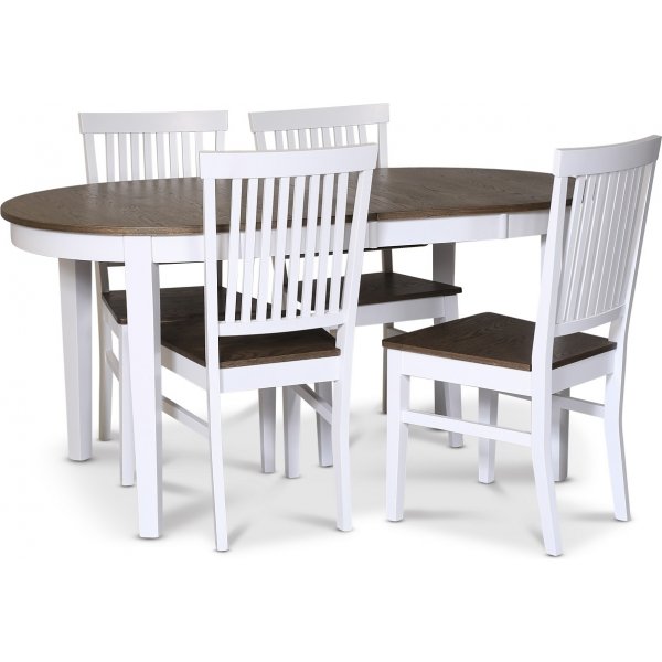 Skagen elintarvikeryhm; ruokapyt 160/210x90 cm - Valkoinen/ruskea ljytty tammi ja 4 Skagen tuolia ruskea/valkoinen