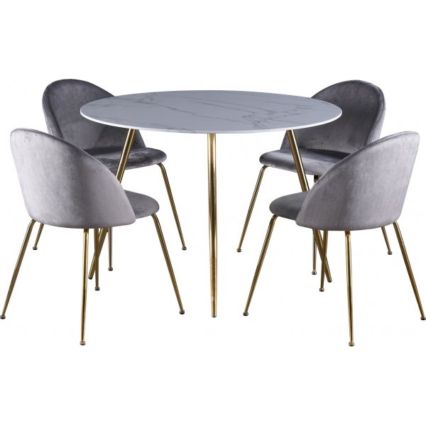 Deco ruokailuryhmä 110 cm pyöreä pöytä + 4 kpl Art tuoleja harmaa sametti / Messinki Deco ruokailuryhmä 110 cm pyöreä pöytä + 4 kpl Art tuoleja harmaa sametti / Messinki