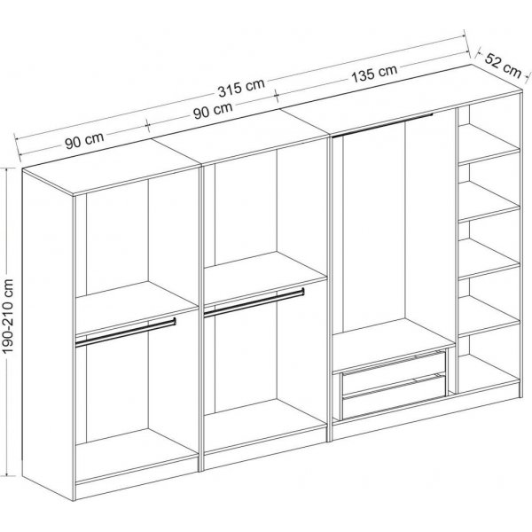 Capeto vaatekaappi 315 cm, variantti A - valkoinen