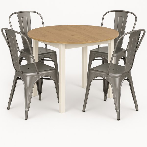 Ruokailuryhm Berivan 102-142 cm tammi/valkoinen, 4 Industry-tuolia harjatusta terksest