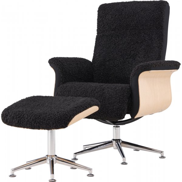 Hagön lepotuoli jalkarahilla - Musta lampaannahkajäljitelmä/öljytty tammi + Huonekalujen puhdistus Hagön lepotuoli jalkarahilla - Musta lampaannahkajäljitelmä/öljytty tammi + Huonekalujen puhdistus