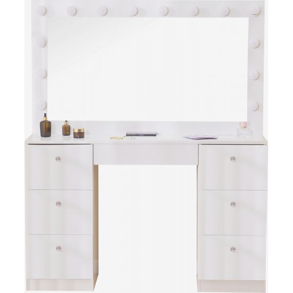 Meikkipöytä valaistuksella ja kristallikahvoilla Meikkipöytä valaistuksella ja kristallikahvoilla