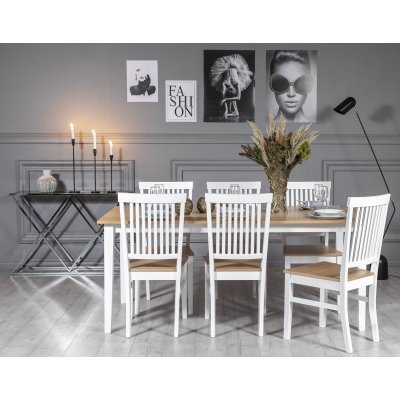Fr-ruokailuryhm: Pyt 180 cm sislten 6 Fr-tuolia - Tammi/valkoinen + 4.00 x Huonekalujen jalat