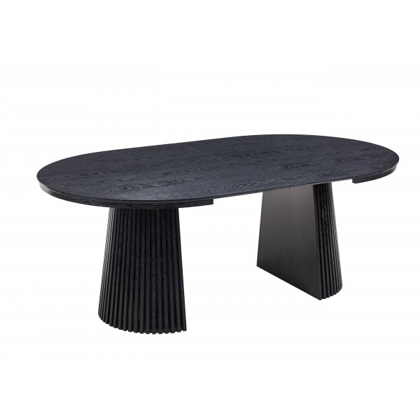 Ruokailuryhm� Crossby, jatkettava p�yt� �120-200cm, mustaksi petsattu tammi, ja 8 Callum-ruokailutuolia beigenv�risess� kankaass