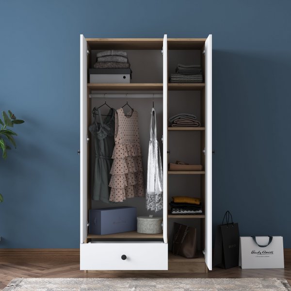 Muodikas vaatekaappi 90 cm - P�hkin�/valkoinen