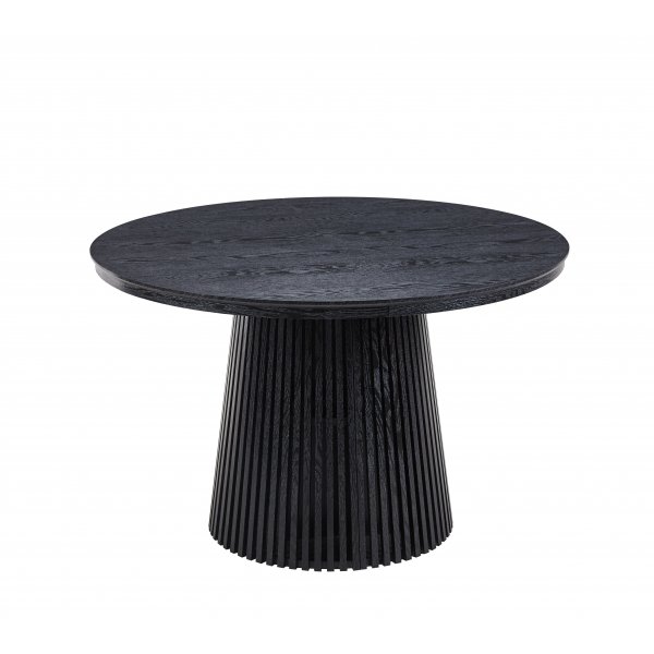 Ruokailuryhm� Crossby, jatkettava p�yt� �120-200cm, mustaksi petsattu tammi, ja 8 Callum-ruokailutuolia beigenv�risess� kankaass