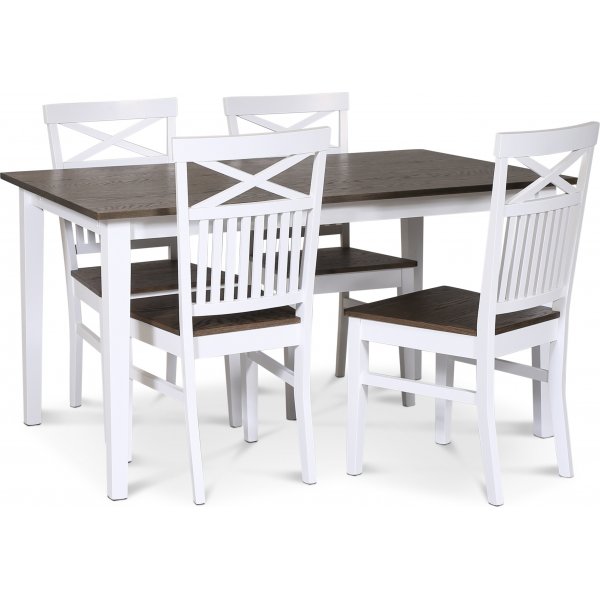 Skagen elintarvikeryhm; klassinen ruokapyt 140x90 cm - Valkoinen/ruskea ljytty tammi, jossa 4 Skagen-tuolia (Risti takana) r