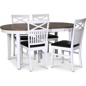 Skagen elintarvikeryhmä; ruokapöytä 160/210x90 cm - Valkoinen/ruskea öljytty tammi, 4 Fårö-tuolia ristillä, PU-istuin Skagen elintarvikeryhmä; ruokapöytä 160/210x90 cm - Valkoinen/ruskea öljytty tammi, 4 Fårö-tuolia ristillä, PU-istuin