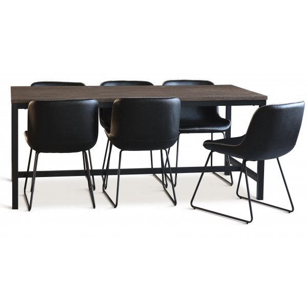 Ruokailuryhmä; pöytä 180x90 cm tummanruskea tammi ja 6 tuolia + 4.00 x Huonekalujen jalat Ruokailuryhmä; pöytä 180x90 cm tummanruskea tammi ja 6 tuolia + 4.00 x Huonekalujen jalat