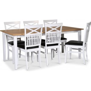 Ruokailuryhmä; pöytä 180x90 cm - Valkoinen / öljytty tammi 6 tuolin kanssa - Fårö Ruokailuryhmä; pöytä 180x90 cm - Valkoinen / öljytty tammi 6 tuolin kanssa - Fårö