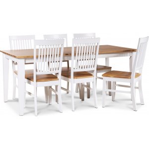Dalarös-ruokailuryhmän 180 cm pöytä valkoinen/tammi + 6 Dalarös-ruokatuolia Dalarös-ruokailuryhmän 180 cm pöytä valkoinen/tammi + 6 Dalarös-ruokatuolia