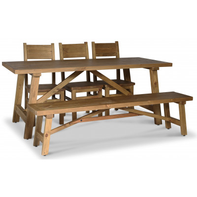 Woodforge ruokailuryhm; ruokapyt, jossa 3 ruokapydn tuolia ja penkki kierrtyspuuta + Huonekalujen tahranpoistoaine