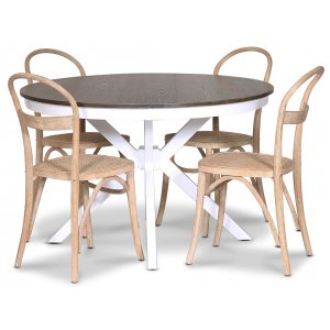 Skagen elintarvikeryhmä; pyöreä ruokapöytä 120 cm - Valkoiseksi/ruskeaksi petsattu tammi ja 4 Danderyd No.16 tuolia Whitewash Skagen elintarvikeryhmä; pyöreä ruokapöytä 120 cm - Valkoiseksi/ruskeaksi petsattu tammi ja 4 Danderyd No.16 tuolia Whitewash