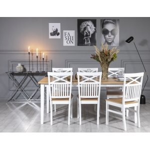 Fårö ruokailuryhmä: Pöytä 180 cm sisältäen 6 Fårö tuolia ristillä - Tammi/valkoinen Fårö ruokailuryhmä: Pöytä 180 cm sisältäen 6 Fårö tuolia ristillä - Tammi/valkoinen