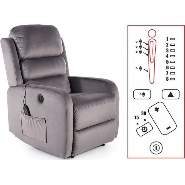 Pegaz lepotuoli hierontatoiminnolla - Harmaa sametti Pegaz lepotuoli hierontatoiminnolla - Harmaa sametti