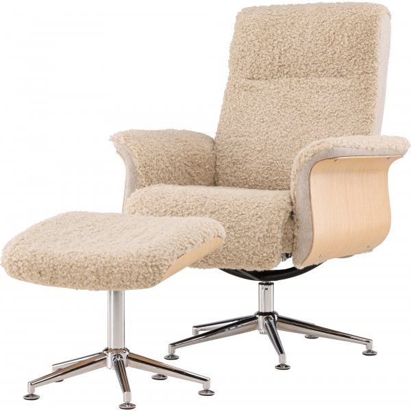 Nojatuoli jalkarahilla - Beige lampaannahkajäljitelmä/öljytty tammi + Huonekalujen puhdistus Nojatuoli jalkarahilla - Beige lampaannahkajäljitelmä/öljytty tammi + Huonekalujen puhdistus