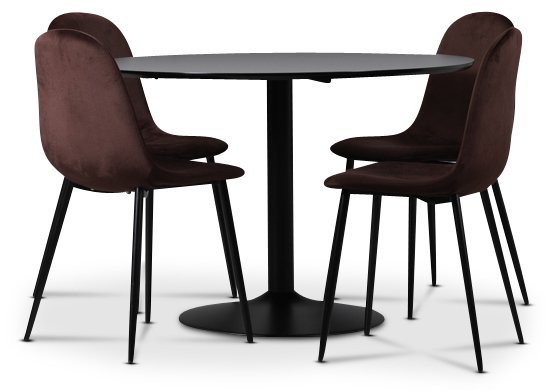 Seat ruokailuryhm�, ruokap�yt� + 4kpl Carisma-samettituolia - Musta / bordeaux + 3.00 x Huonekalujen jalat