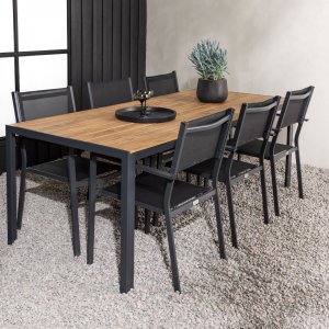 Hanian ruokaryhmä; 6 tuolia ja pöytä 205 x 90 cm - Musta/luonnonvärinen Hanian ruokaryhmä; 6 tuolia ja pöytä 205 x 90 cm - Musta/luonnonvärinen