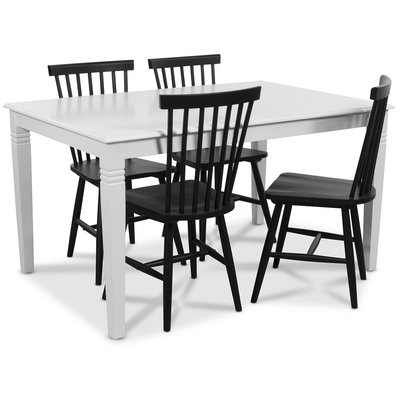 Mellby ruokailuryhm 140 cm pyt ja 4 mustaa Karl cane -tuolia - valkoinen/musta