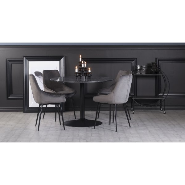 Plaza-ruokailuryhmä, marmoripöytä ja 4 kpl Theo-samettituolia - Harmaa/Musta + 2.00 x Huonekalujen jalat Plaza-ruokailuryhmä, marmoripöytä ja 4 kpl Theo-samettituolia - Harmaa/Musta + 2.00 x Huonekalujen jalat