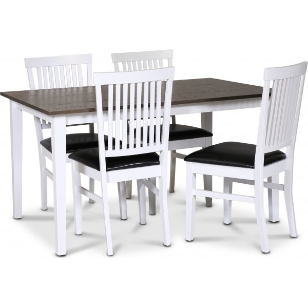 Skagen elintarvikeryhm; klassinen ruokapyt 140x90 cm - Valkoinen/ruskea ljytty tammi ja 4 Fr-tuolia (selknojat) mustalla