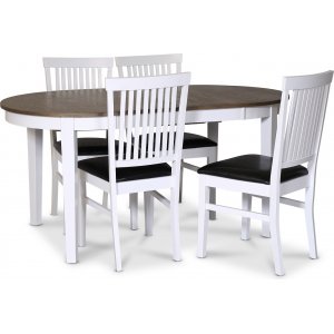 Skagen elintarvikeryhmä; ruokapöytä 160/210x90 cm - Valkoinen/ruskea öljytty tammi ja 4 Fårö-tuolia PU-istuimella Skagen elintarvikeryhmä; ruokapöytä 160/210x90 cm - Valkoinen/ruskea öljytty tammi ja 4 Fårö-tuolia PU-istuimella