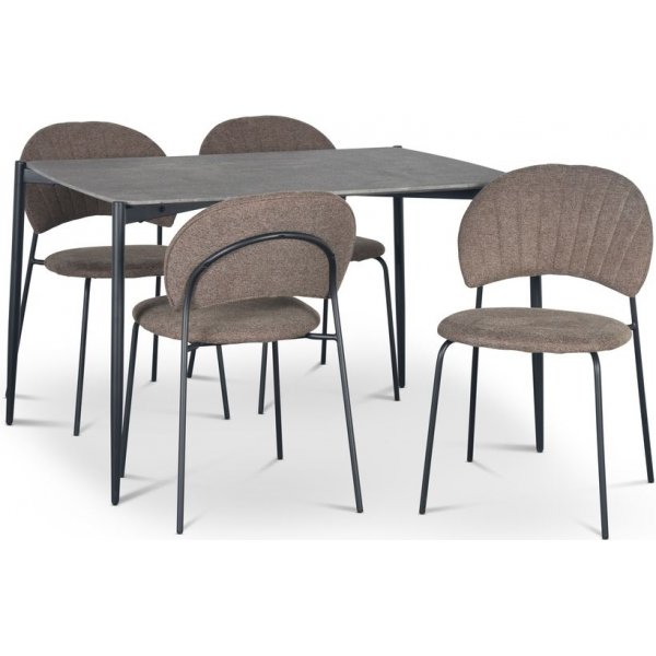 Lokrume ruokailuryhm 120 cm pyt betonijljitelm + 4 Hogrn ruskeaa tuolia