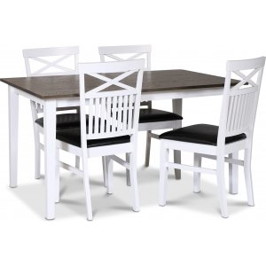 Skagen elintarvikeryhmä; klassinen ruokapöytä 140x90 cm - Valkoinen/ruskea öljytty tammi 4 Fårö-tuolilla (Risti takana) mustalla + 3.00 x Huonekalujen jalat Skagen elintarvikeryhmä; klassinen ruokapöytä 140x90 cm - Valkoinen/ruskea öljytty tammi 4 Fårö-tuolilla (Risti takana) mustalla + 3.00 x Huonekalujen jalat