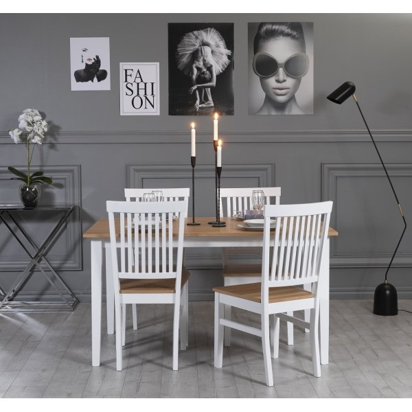Ruokailuryhm: Pyt 140x90 cm sislten 4 tuolia - Tammi/valkoinen - Fr