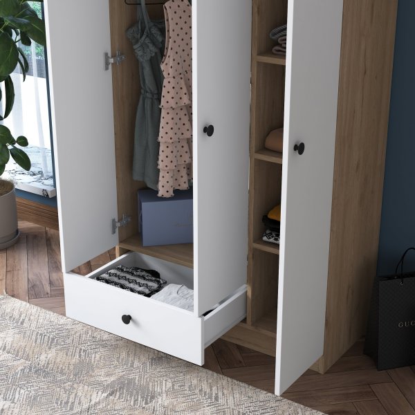 Muodikas vaatekaappi 90 cm - P�hkin�/valkoinen