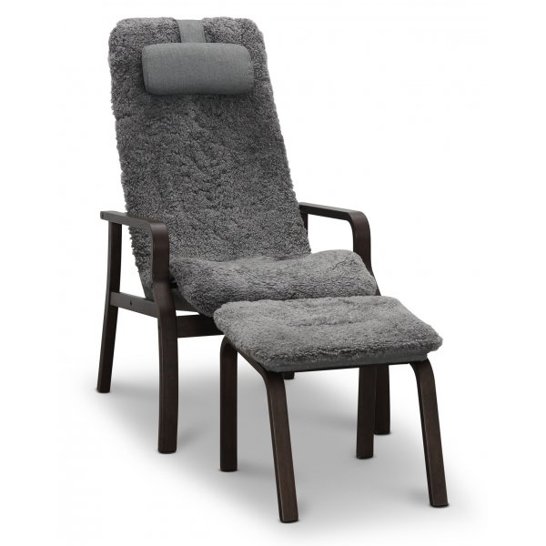 Nojatuoli jalkarahilla aitoa lampaannahkaa, savunharmaata - Frank