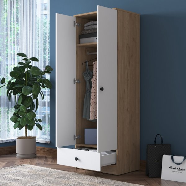 Muodikas vaatekaappi laatikolla 60 cm - Pähkinä/valkoinen Muodikas vaatekaappi laatikolla 60 cm - Pähkinä/valkoinen