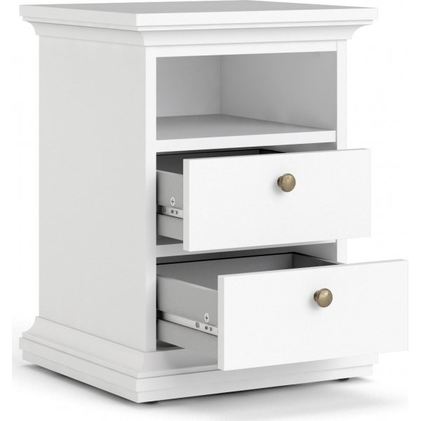Parisin kapea yöpöytä, jossa 2 laatikkoa ja 1 avoin lokero - Valkoinen Parisin kapea yöpöytä, jossa 2 laatikkoa ja 1 avoin lokero - Valkoinen