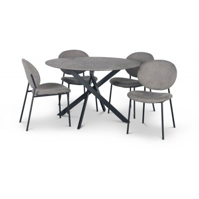 Hogrän ruokailuryhmä Ø120 cm pöytä jäljitelmäbetonia + 4 tuftattua harmaata tuolia