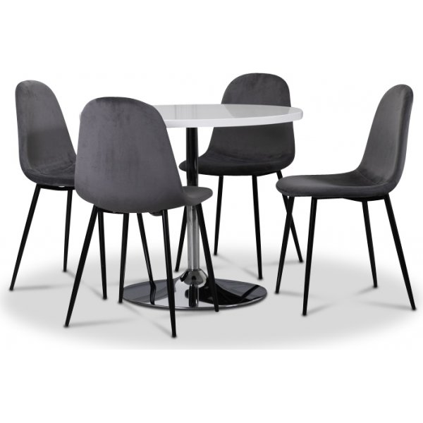 Tiana-ruokailuryhmä, pyöreä pöytä ja 4 kpl Carisma-samettituolia - Valkoinen/Harmaa Tiana-ruokailuryhmä, pyöreä pöytä ja 4 kpl Carisma-samettituolia - Valkoinen/Harmaa