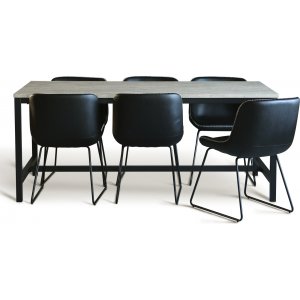 Texas-ruokailuryhmä, jossa 6 Texas-ruokailutuolia Black PU + Texas ruokapöytä valkopesu 180x90 cm Texas-ruokailuryhmä, jossa 6 Texas-ruokailutuolia Black PU + Texas ruokapöytä valkopesu 180x90 cm