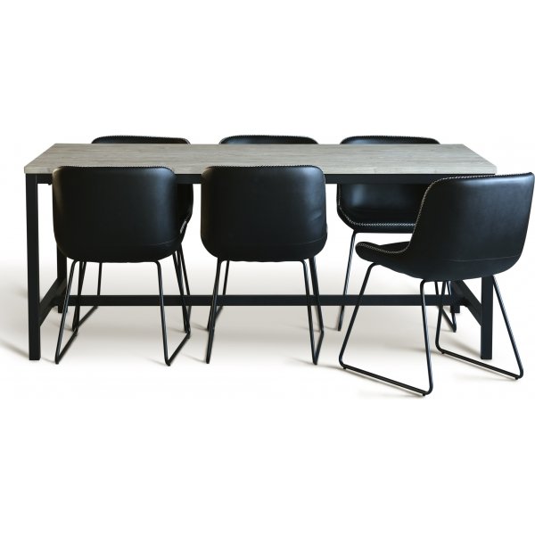 Texas-ruokailuryhm, jossa 6 Texas-ruokailutuolia Black PU + Texas ruokapyt valkopesu 180x90 cm