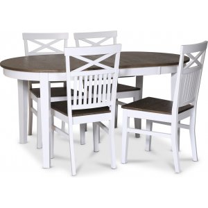 Skagen elintarvikeryhmä; ruokapöytä 160/210x90 cm - Valkoinen/ruskea öljytty tammi ja 4 Skagen-tuolia ristillä, ruskea/valkoinen Skagen elintarvikeryhmä; ruokapöytä 160/210x90 cm - Valkoinen/ruskea öljytty tammi ja 4 Skagen-tuolia ristillä, ruskea/valkoinen