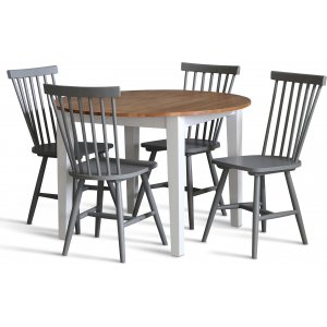 Dalsland-ruokailuryhm: Pyre pyt tammi/valkoinen ja 4 harmaata Cane-tuolia